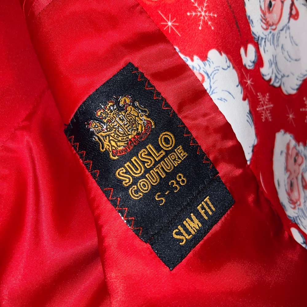 Suslo Couture Red & White Holiday Festive Slim Fit Blazer Sport Jacket Size S-38 - Picture 12 of 12